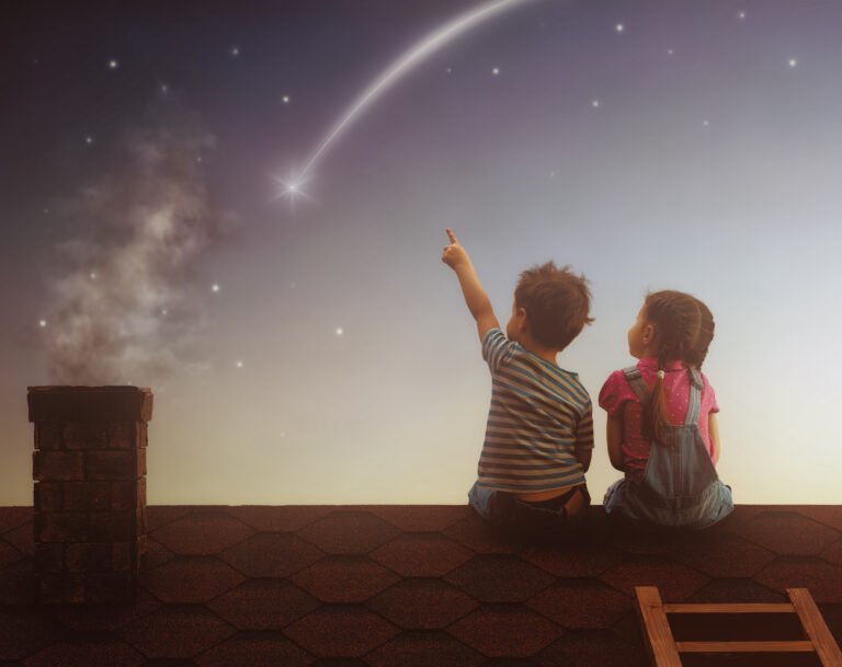 Two Children Sitting On A Roof Looking At A Shooting Star