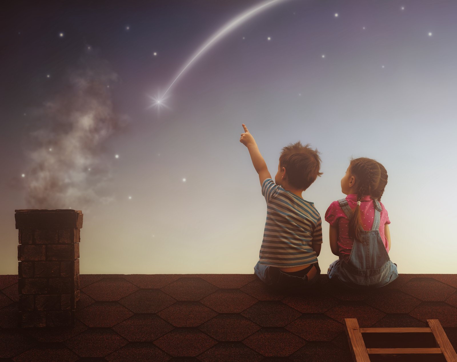 Two,Cute,Children,Sit,On,The,Roof,And,Look,At - Hope Foundation of the Mahoning Valley Two Children Sitting On A Roof Looking At A Shooting Star