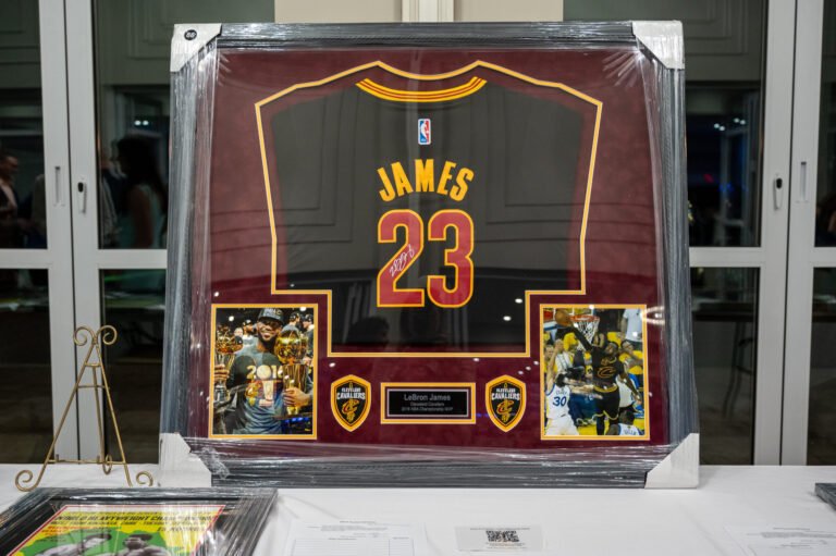 Framed signed LeBron James Cleveland Cavaliers jersey, a past Wine for Hope silent auction item